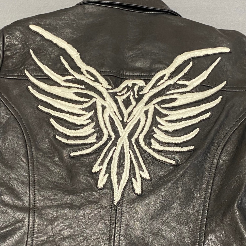 Veronica Beard Black Leather Motorcycle Jacket Phoenix Eagle Embroidered Size 6